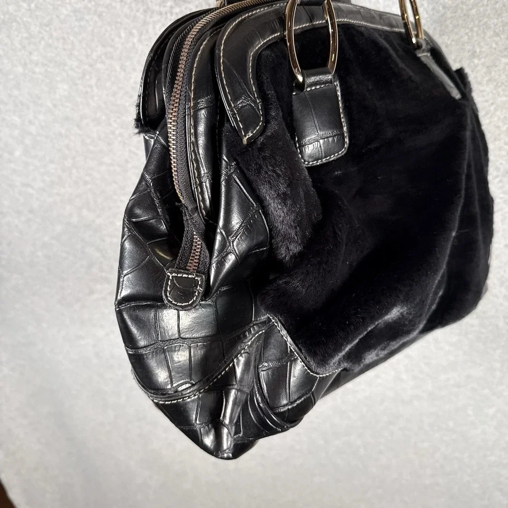 Kathy Van Zeeland Black Satchel Top Handle Zip Studded Bag Charm